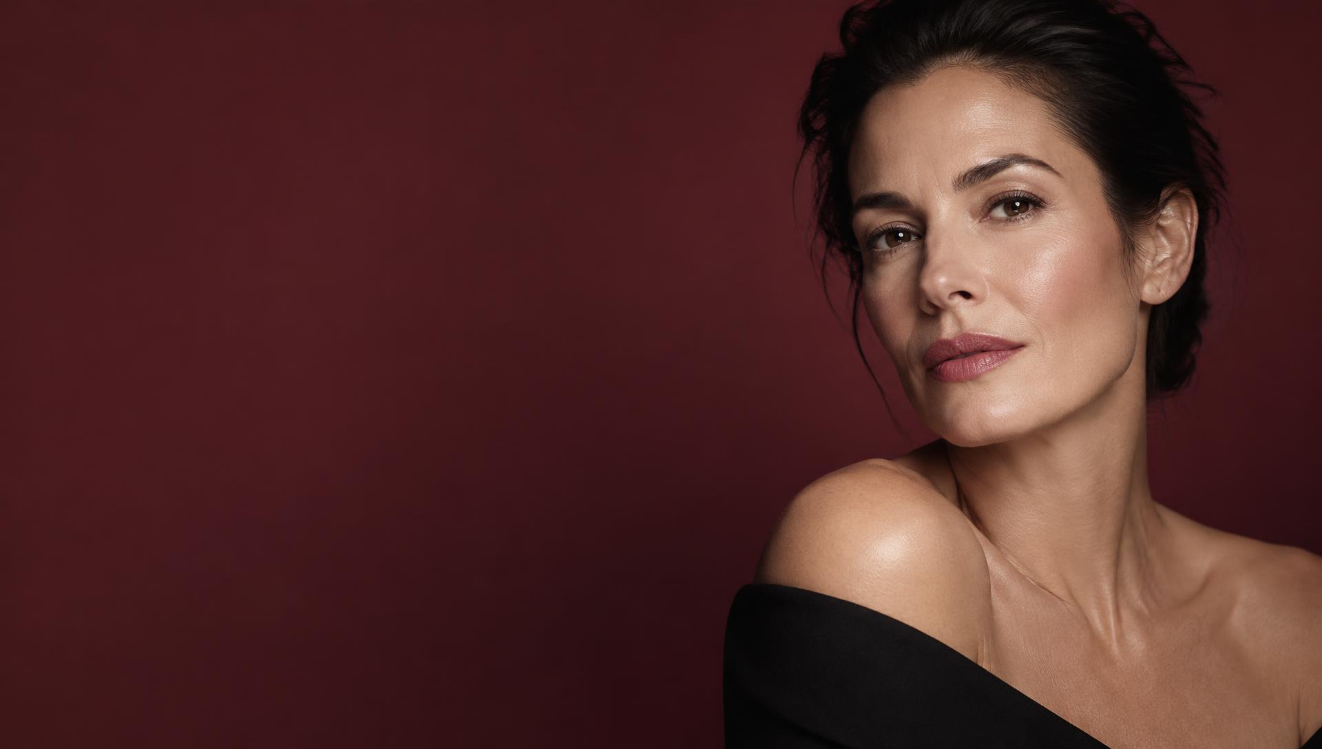 Portrait of a woman with glowing skin against a deep burgundy backdrop