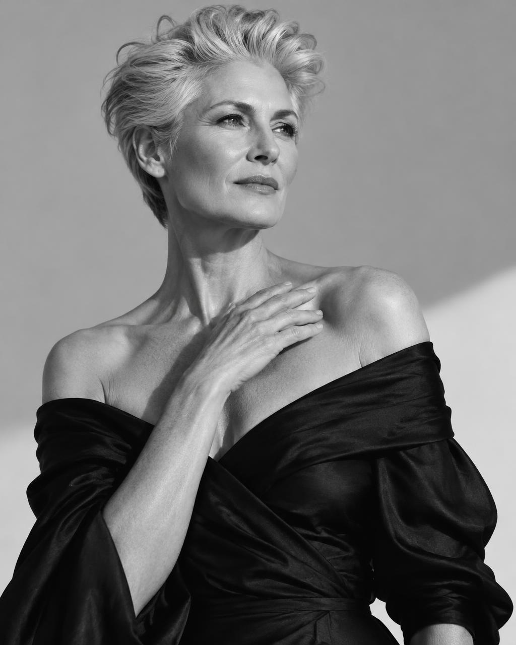 Black-and-white beauty editorial portrait of a woman with short silver hair